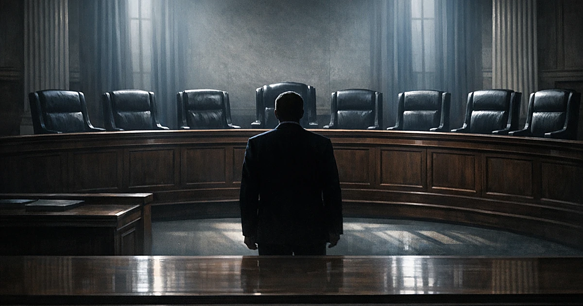 Silhouetted figure facing empty appellate court bench with eight chairs in dramatic courtroom lighting