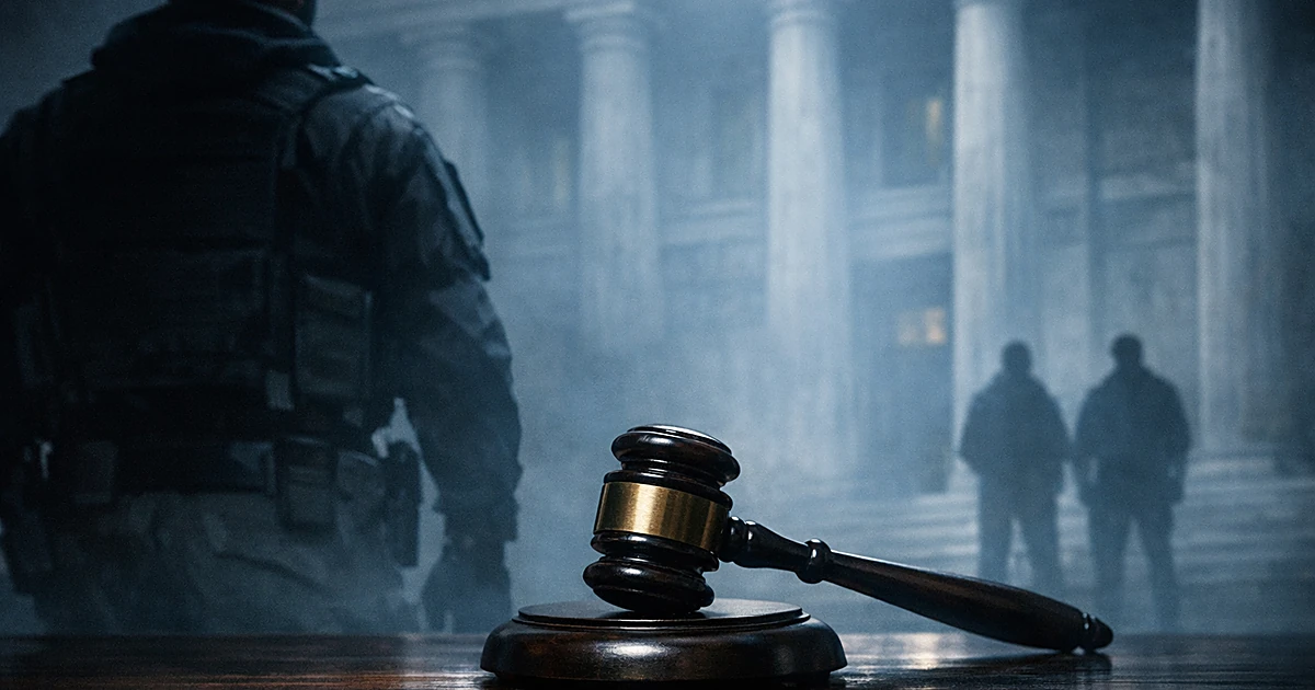 Silhouetted figure in tactical gear faces government building with gavel in foreground representing court ruling