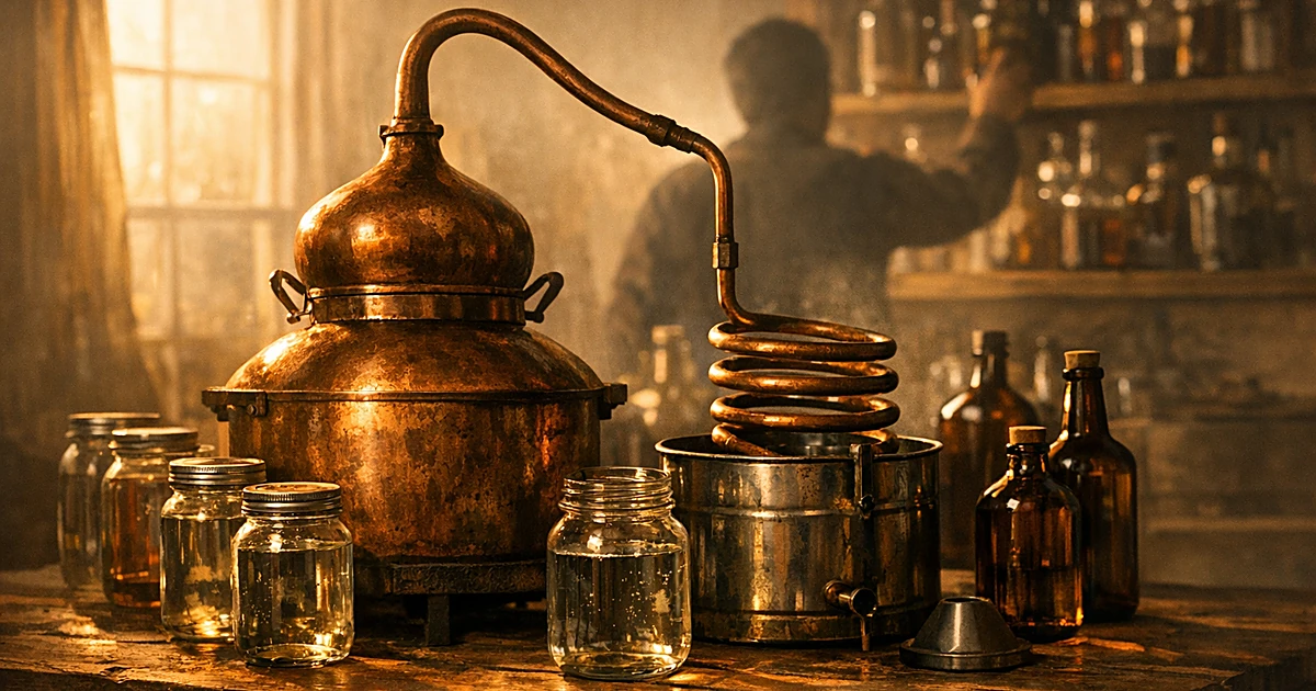 Copper pot still and glass bottles on wooden table with silhouetted person in background of home interior
