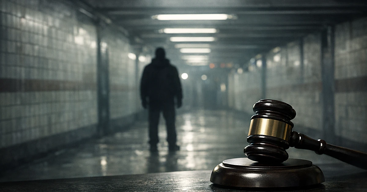 Empty subway corridor with silhouetted figure and judicial gavel in foreground representing court decision