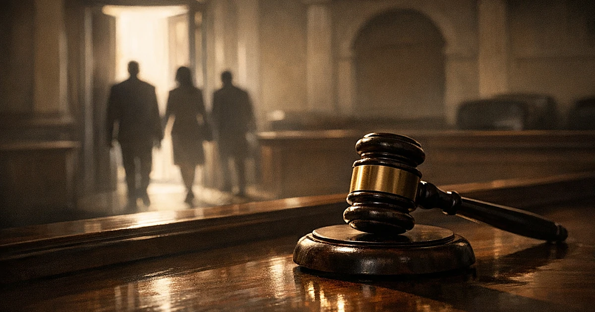 Empty courtroom with gavel on bench and silhouetted figures departing through doorways in background