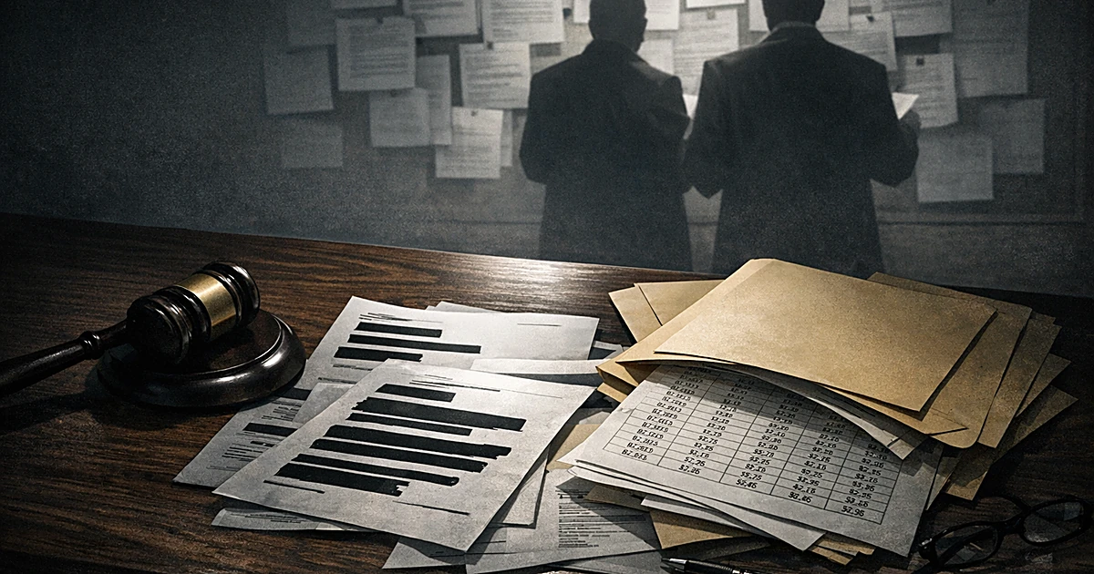 Overhead view of desk with legal documents, gavel, and financial ledgers during fraud investigation