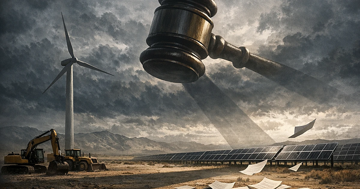 Wind turbine and solar panels on federal land with large gavel in stormy sky above, scattered papers on ground