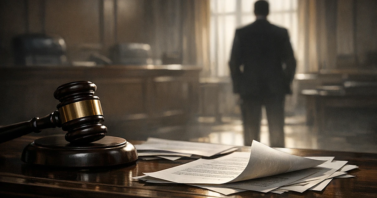 Judge's gavel on courtroom bench with legal documents and silhouetted figure standing before tall windows