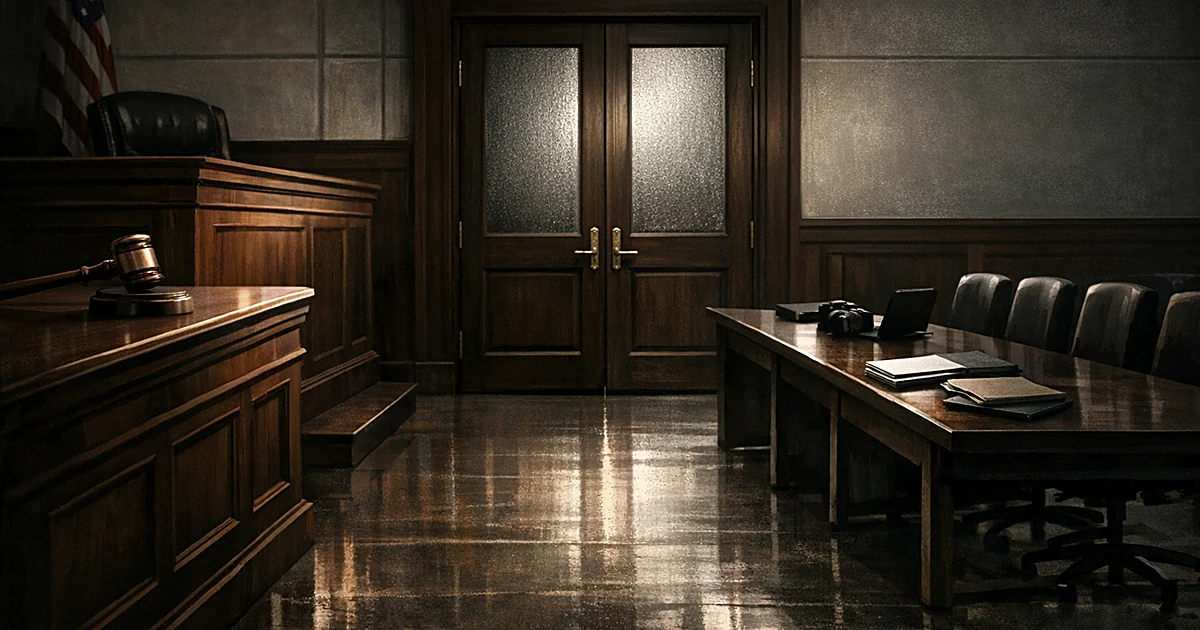 Empty courtroom with judge's bench, gavel, and vacant press table separated by closed door, lit with dramatic shadows