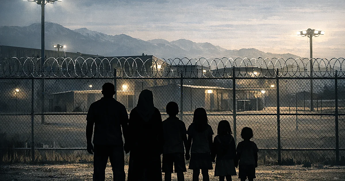 Silhouetted family facing detention facility fence with razor wire, mountains visible in distance