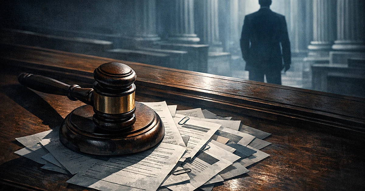 Gavel on judicial bench with legal documents and silhouetted figure before courthouse columns