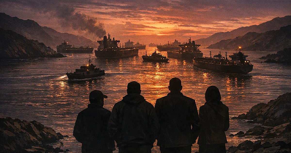 Silhouettes watching ships congested in a narrow strait at dusk, depicting a maritime blockade scenario