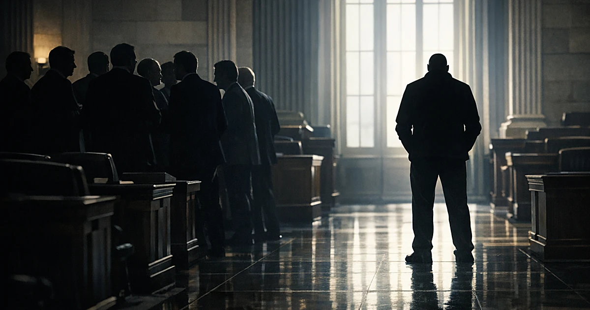 Silhouetted figure stands alone separated from group of silhouettes across legislative chamber aisle