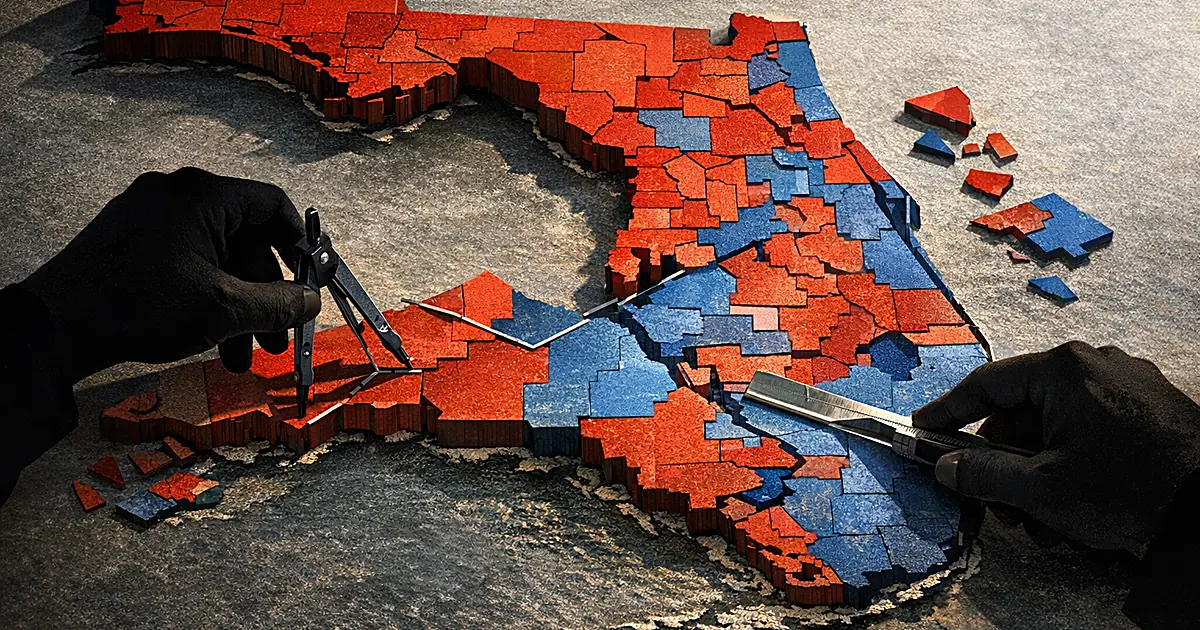 Silhouetted hands redrawing district boundaries on a three-dimensional map of Florida divided into red and blue sections