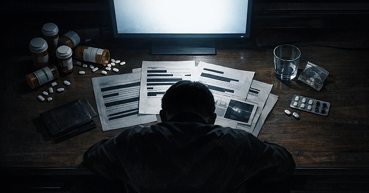 Silhouetted figure at desk with scattered pill bottles and documents in dimly lit office