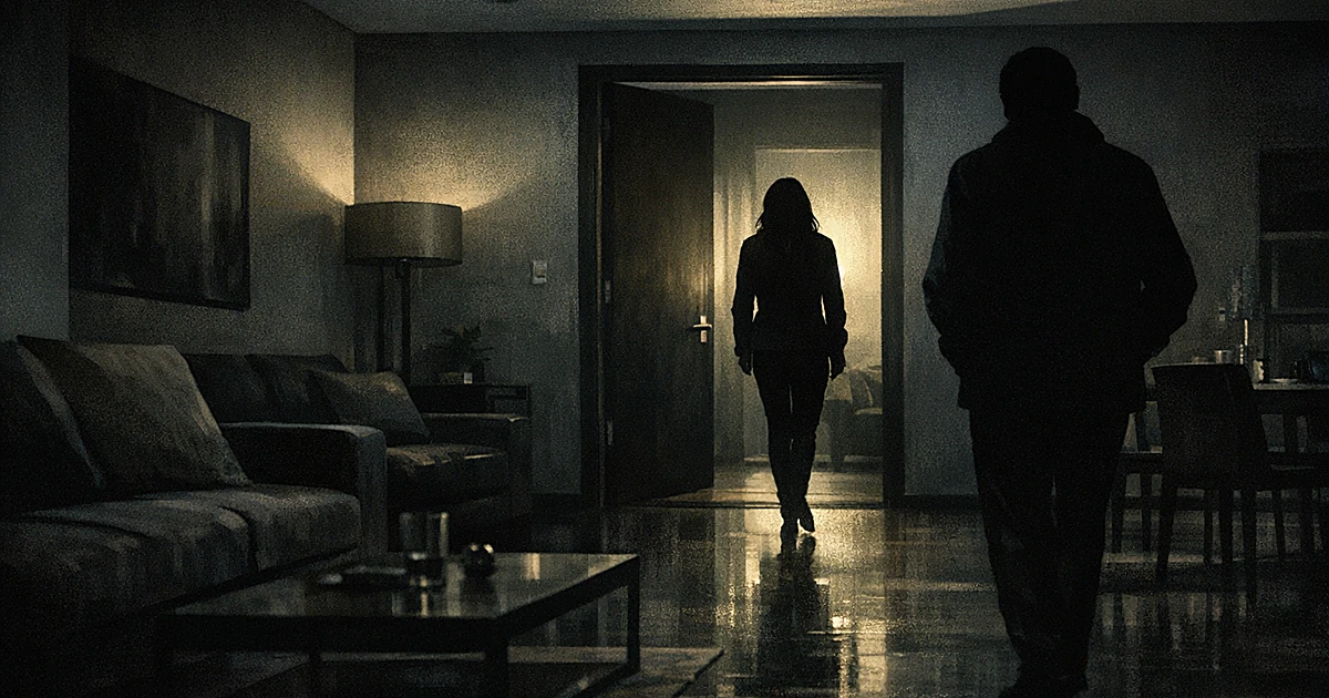 Shadowy apartment interior with two silhouetted figures, one following the other toward a darkened doorway