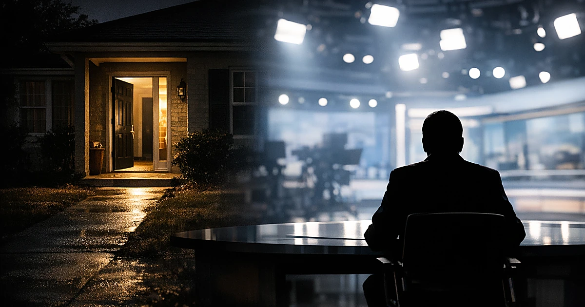 Split scene showing darkened home with open door at night and silhouetted figure at illuminated broadcast desk