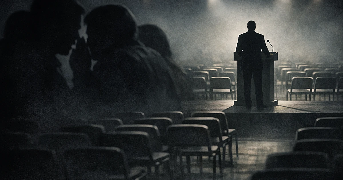 Silhouetted figure at podium with shadowy whispering figures in foreground suggesting anonymous allegations