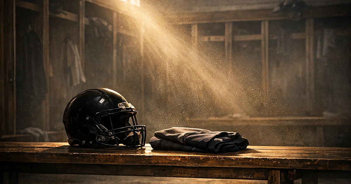 Football helmet and folded jersey on bench in empty locker room with golden light streaming through window