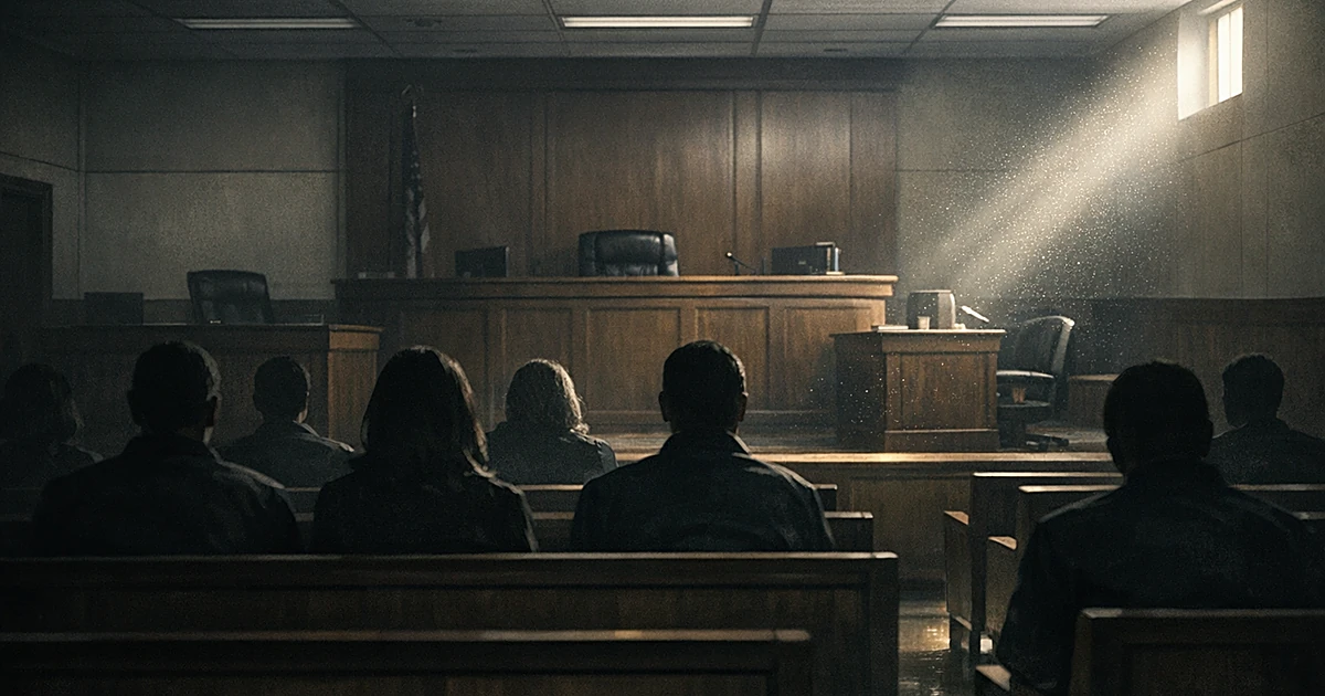Empty courtroom interior with silhouetted figures in gallery benches facing judge's bench under harsh institutional lighting