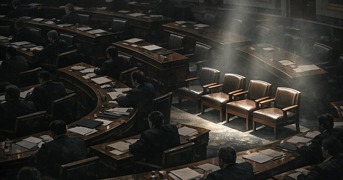 Overhead view of legislative chamber with four empty illuminated seats among rows of silhouetted figures at desks