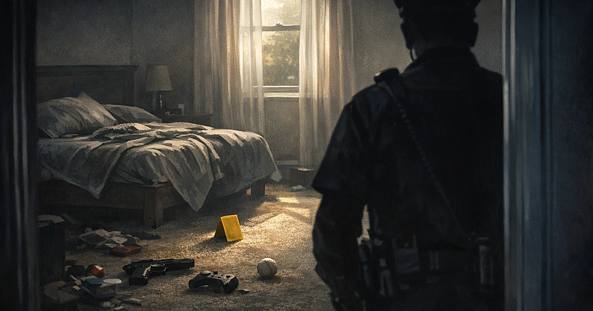 Dimly lit bedroom with police evidence marker on floor and officer silhouette in doorway