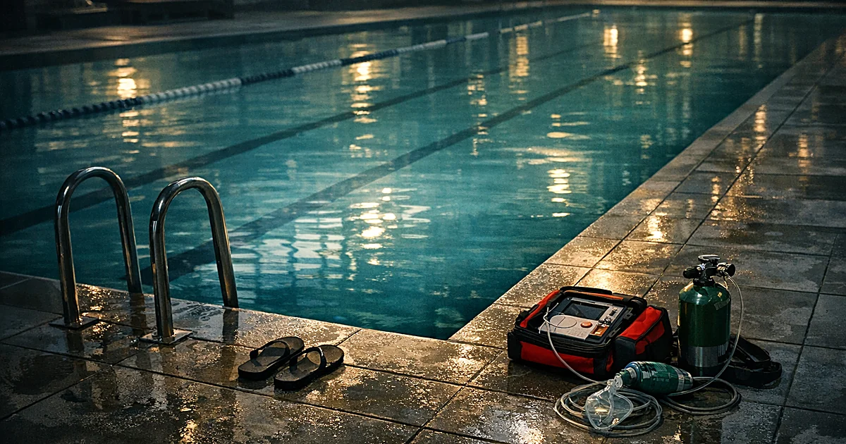 Empty indoor pool with abandoned sandals and emergency medical equipment on the deck at dusk