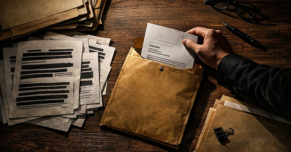 Overhead view of desk with redacted documents and silhouetted hand placing letter in DOJ envelope