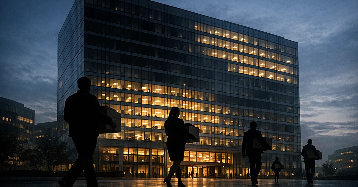Office building with lights turning off as silhouetted figures carrying boxes exit into plaza at dusk