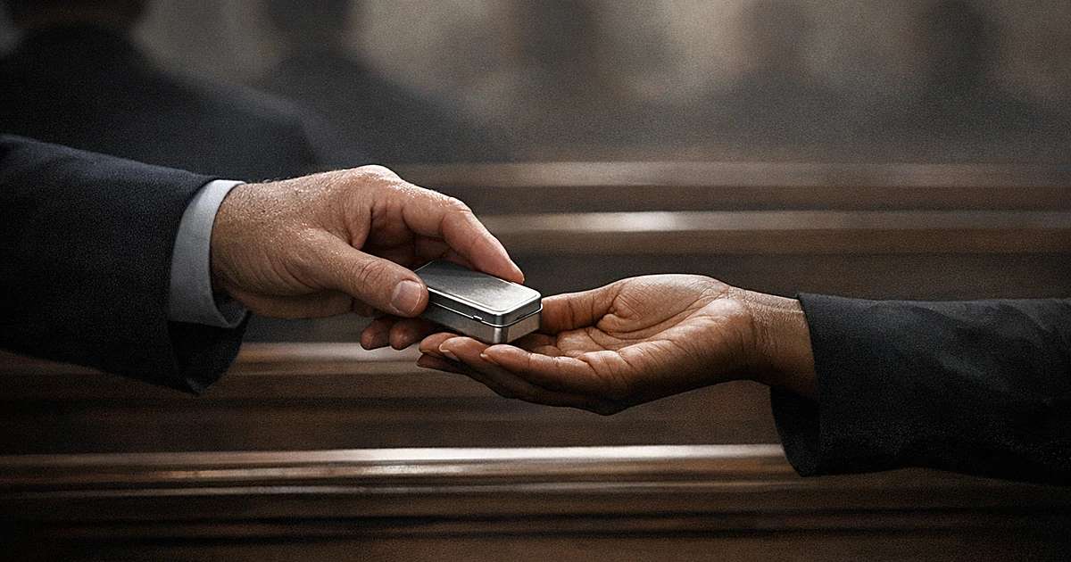 Two hands exchanging a small silver mint tin in a discreet gesture against dark formal clothing