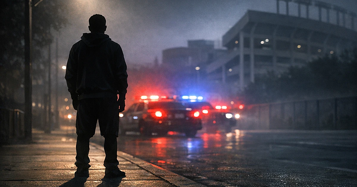 Silhouetted figure on sidewalk at night with police lights glowing in background near stadium