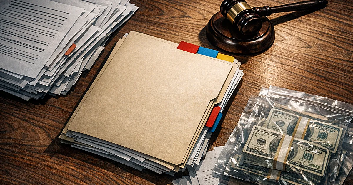 Overhead view of investigation desk with government documents, gavel, and money in evidence bags under harsh lighting
