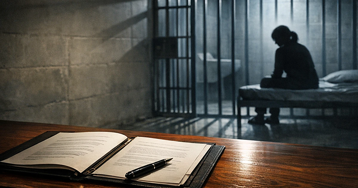 Silhouette in prison cell behind bars with legal documents on desk in foreground representing clemency appeal