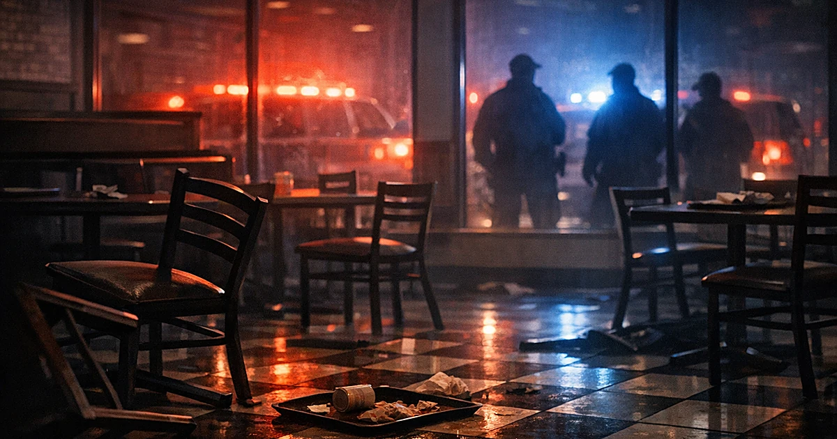 Empty fast-food restaurant interior with overturned furniture and emergency lights visible through windows at night