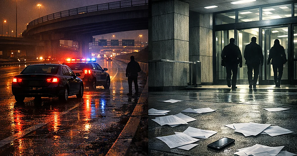 Split scene showing highway with emergency lights and government building entrance with scattered items on ground