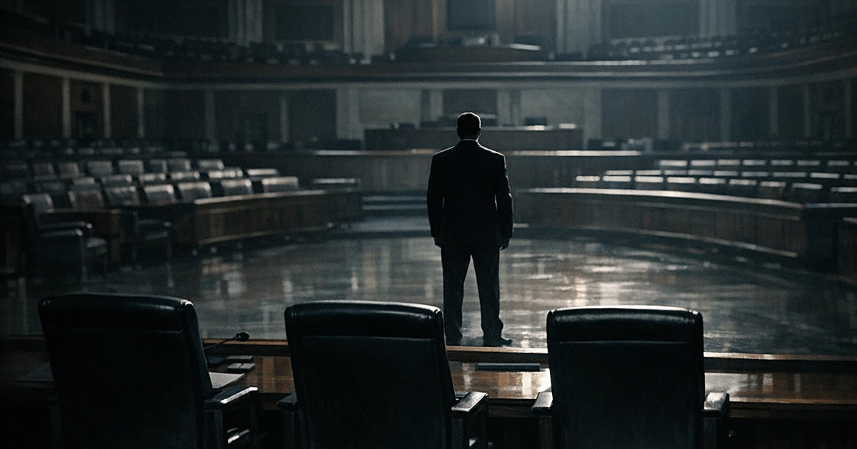 Lone figure stands isolated in empty congressional chamber while three empty chairs face away in foreground