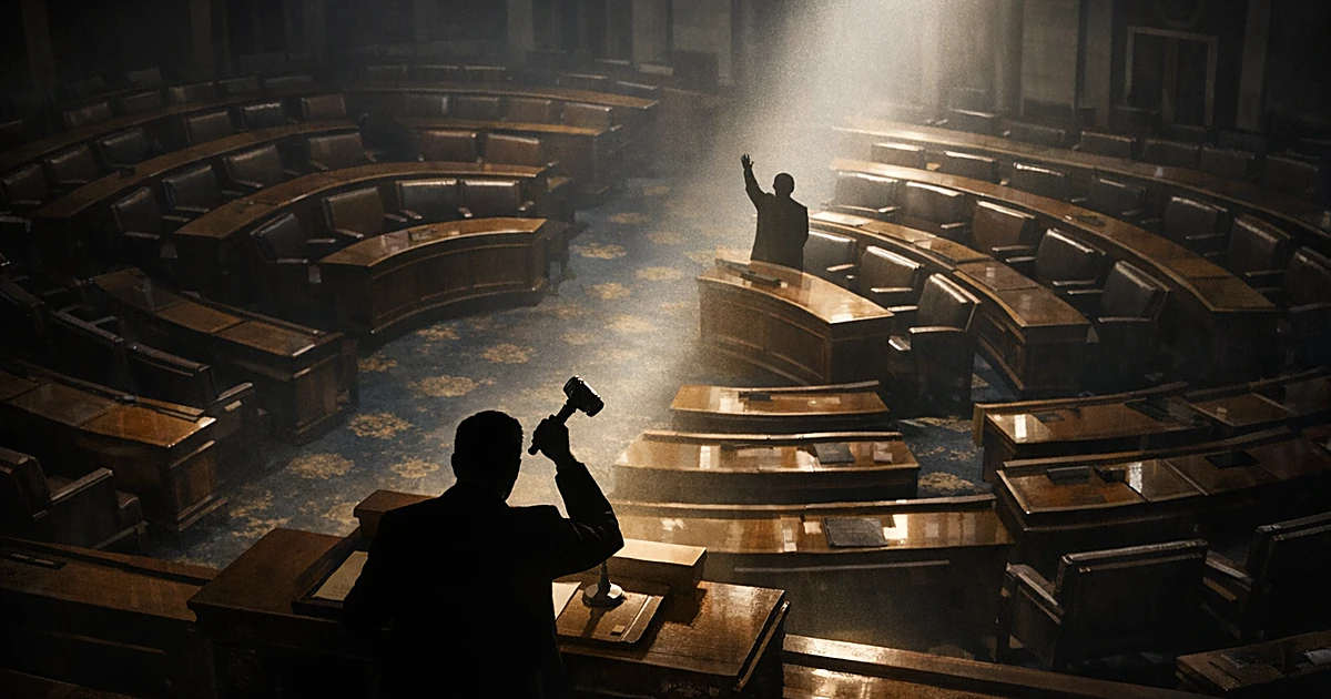 Overhead view of empty legislative chamber with silhouetted figure at podium holding gavel, another figure standing alone