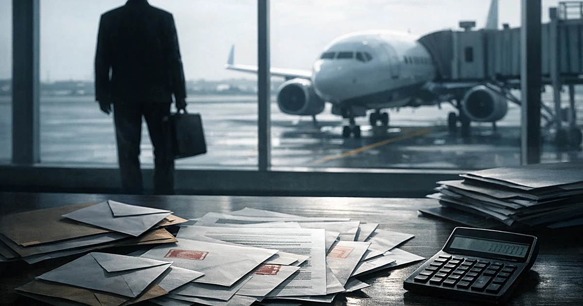 Silhouetted traveler at airport gate with scattered legal bills and documents in foreground showing financial distress