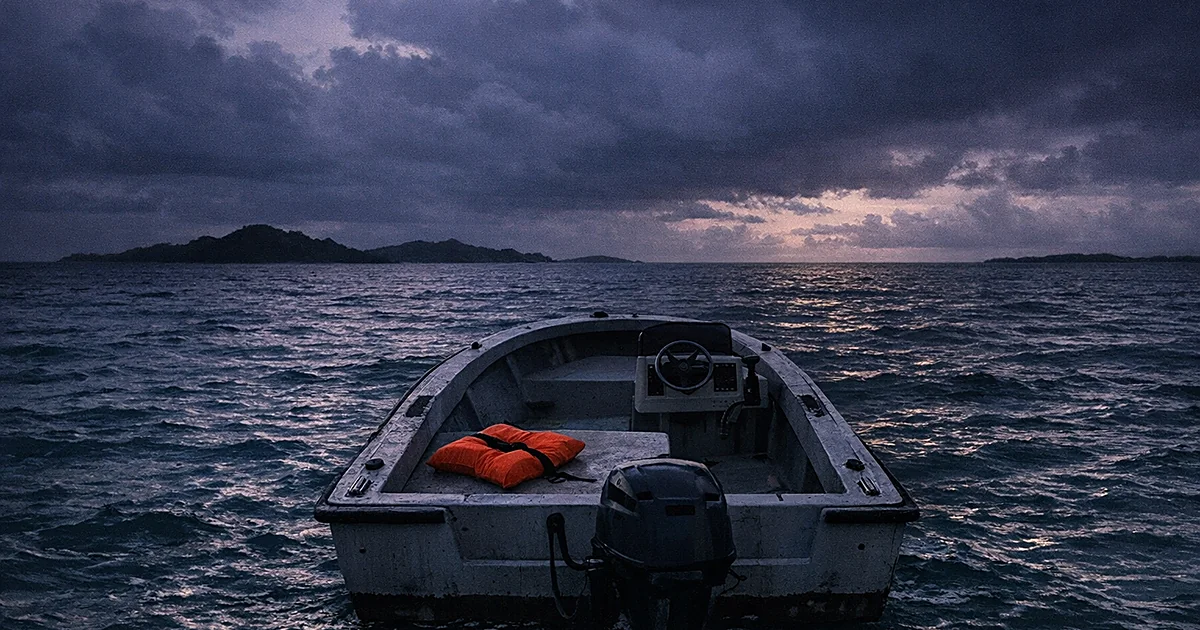 Empty boat adrift on dark ocean waters near Bahamian islands at dusk with abandoned life jacket on deck