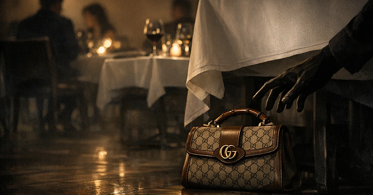Silhouetted hand reaching for designer handbag on restaurant floor beneath dining table with shadowy figures nearby