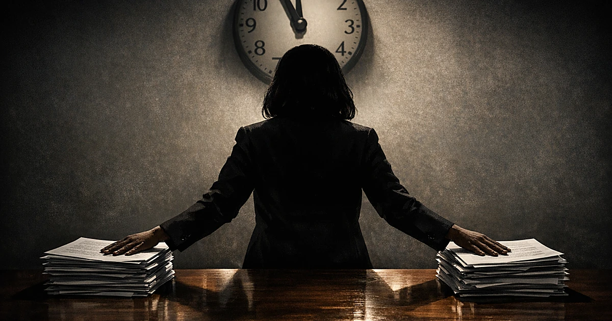 Silhouetted person placing documents on two separate stacks simultaneously with dramatic overhead lighting