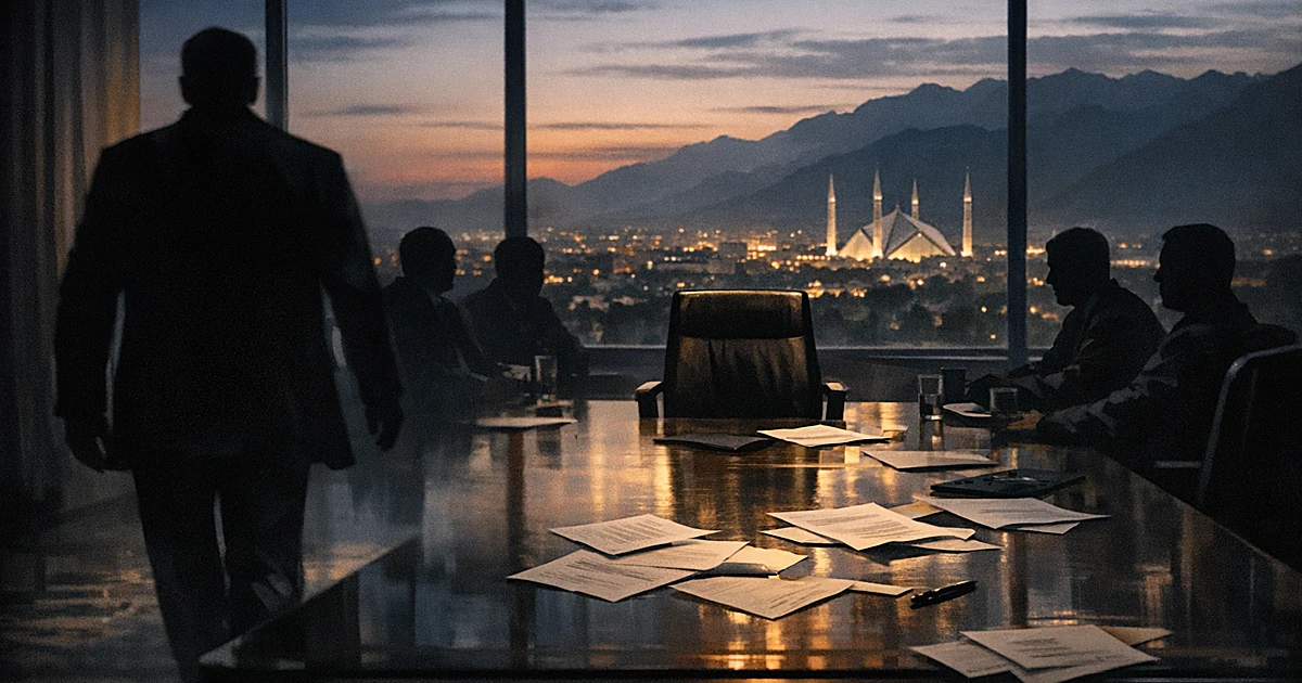 Silhouetted figure walking away from negotiation table while other shadowed figures remain seated in conference room