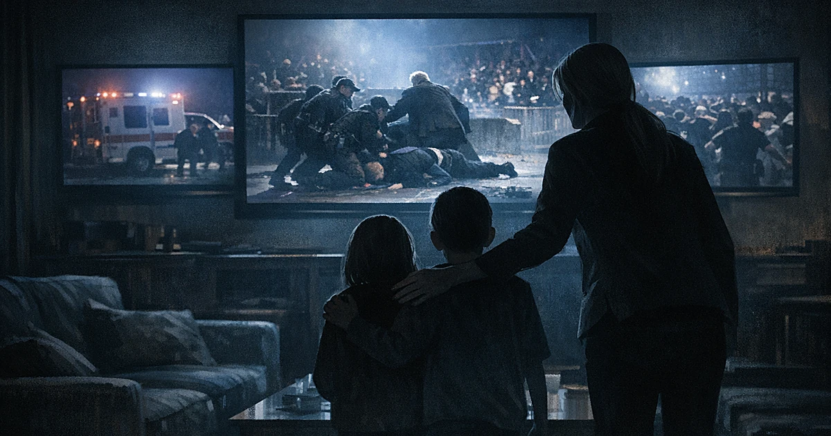 Silhouettes in a room watching multiple TV screens, with children being turned away from the displays