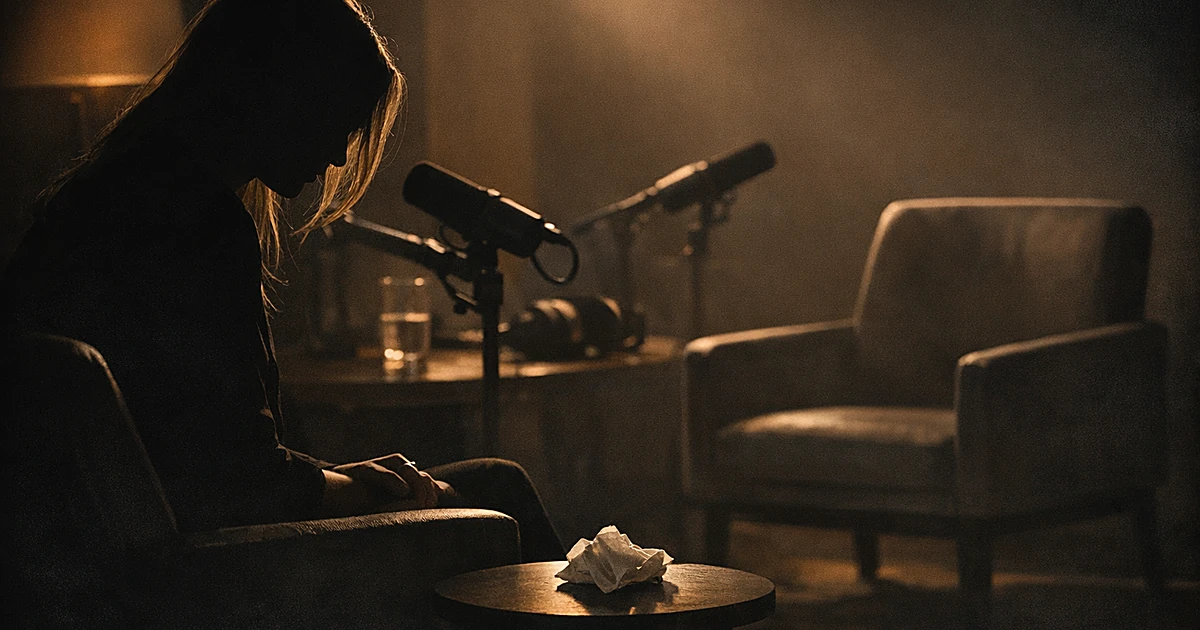 Silhouetted person in podcast studio with tissue on table, illuminated by dramatic side lighting