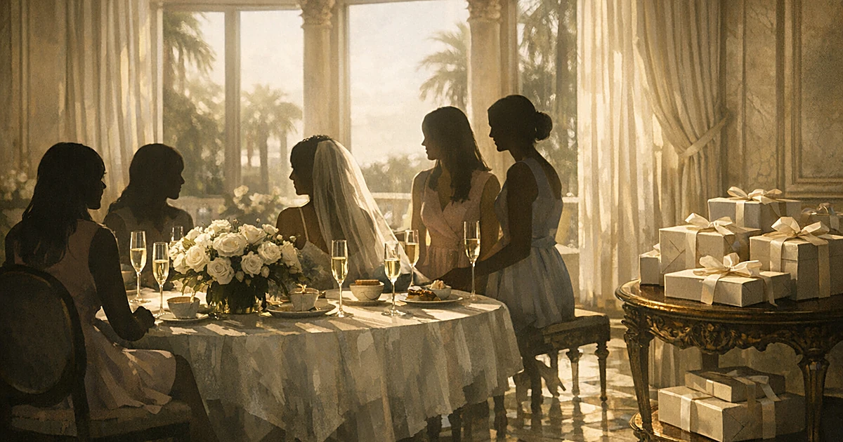 Silhouettes of women at elegant bridal shower table with flowers and champagne in luxurious estate setting