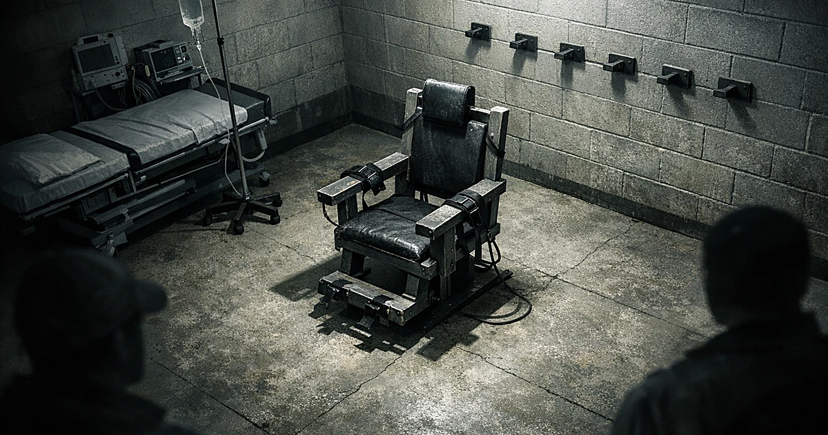 Empty execution chamber with restraint chair, medical equipment, and wall-mounted brackets in stark institutional setting