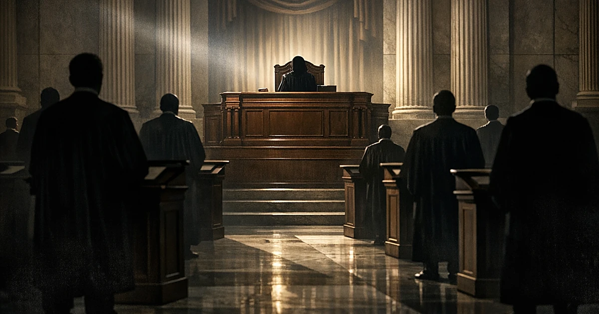 Elevated judge's bench towers over multiple lower podiums with silhouetted figures in a courthouse interior