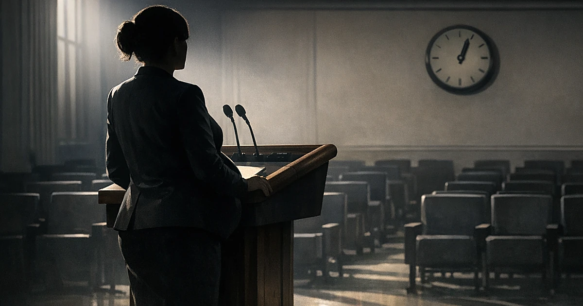 Silhouetted figure at podium in empty briefing room with dramatic lighting and institutional setting