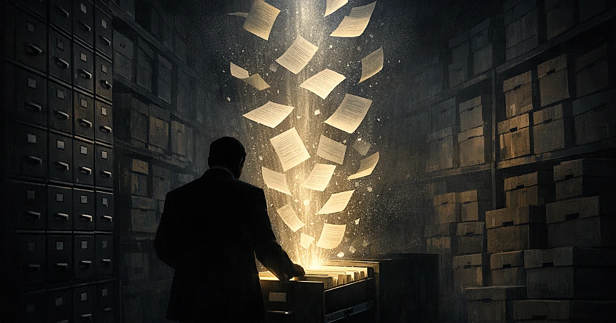 Silhouetted figure opening filing cabinet with documents illuminated by dramatic light in dark government archive room