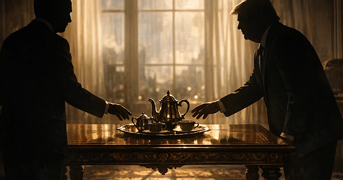 Silhouetted figures at opposite sides of ornate table with tea service in formal room with streaming window light