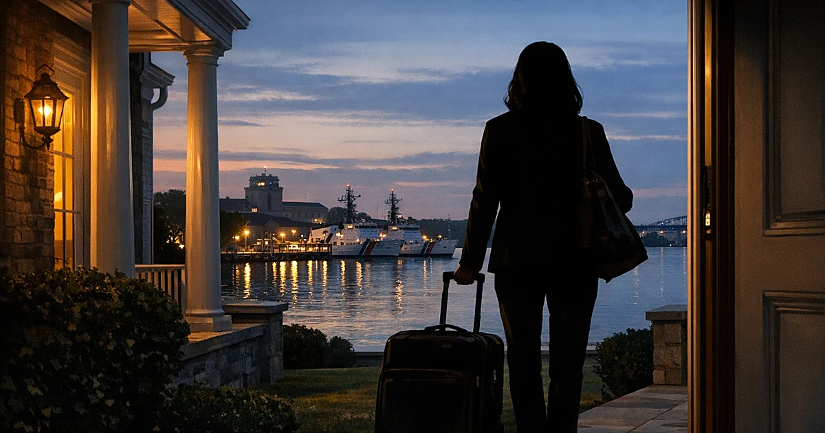 Silhouette in doorway of waterfront military residence with Coast Guard vessels visible on river at dusk