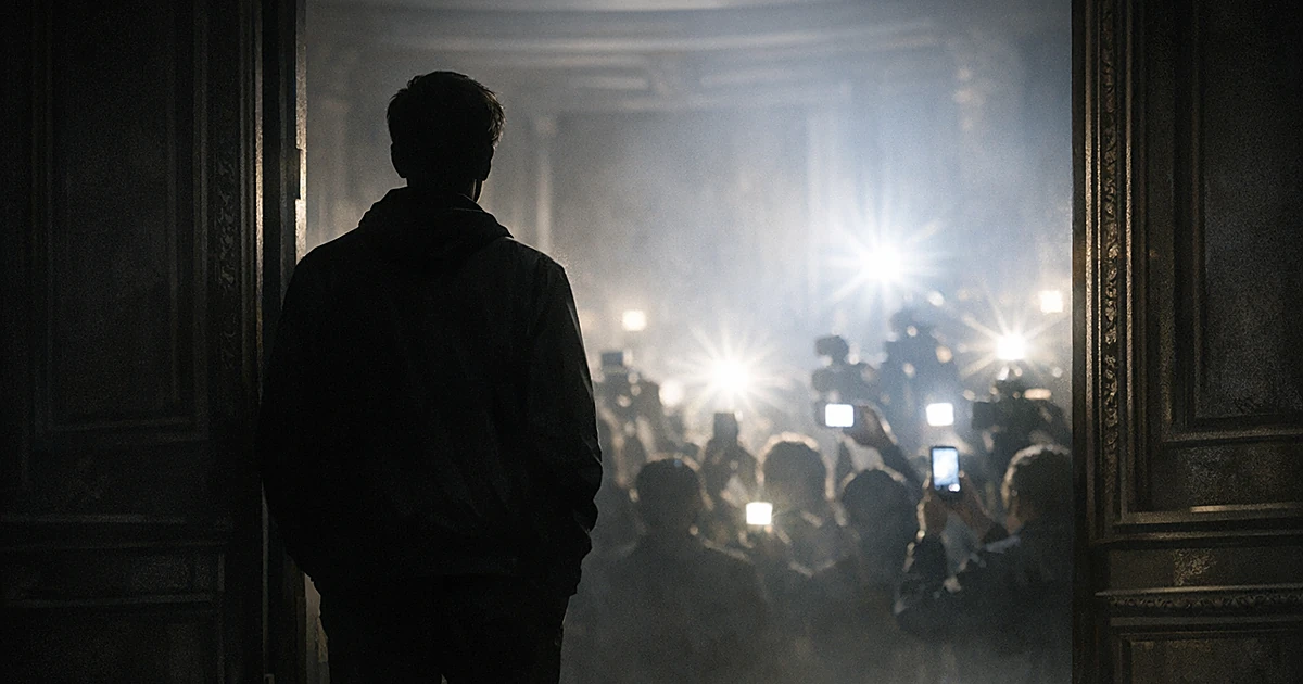 Silhouetted figure in doorway staying back from bright camera flashes and glowing screens in room beyond