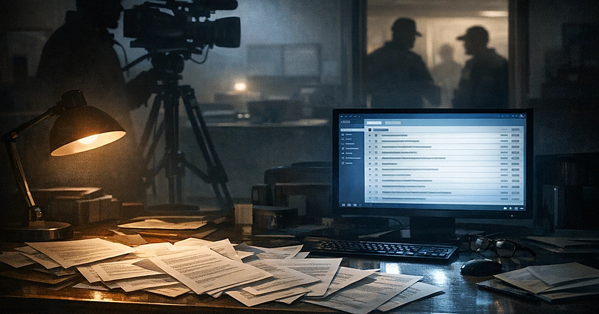 Sheriff's desk with scattered emails and papers, TV camera silhouette filming in background of law enforcement office