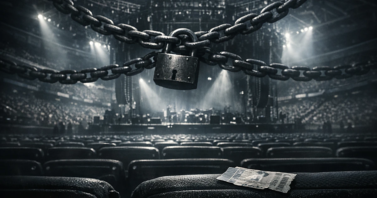Empty concert venue with large chain wrapped around ceiling and stage, abandoned ticket stub on seat in foreground